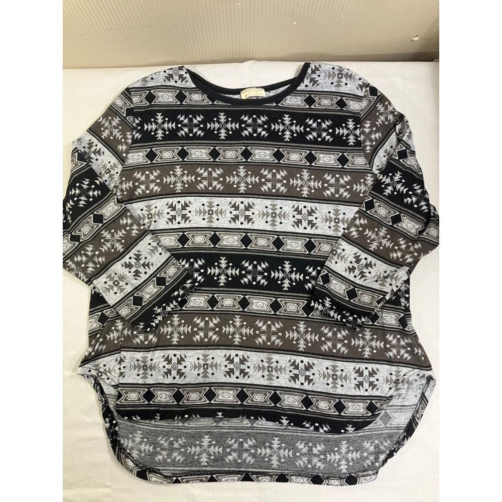 Bobbie Brooks Womens 3X‎ Aztec Geometric Print 3/4 Sleeve Tunic Top Black Gray